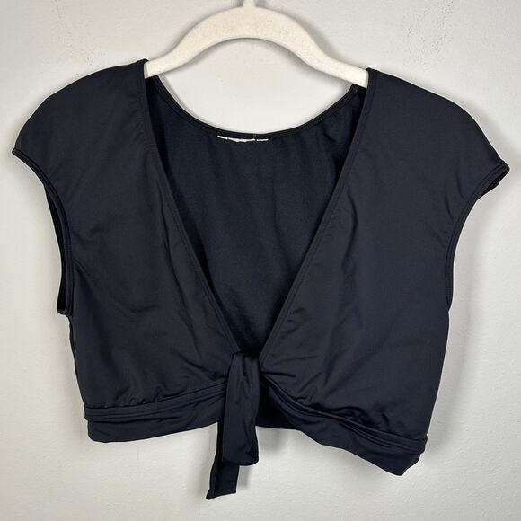 Black V-Neck Front Tie Striped Bikini Bottom Swim Suit Set Women's Large - Picture 2 of 7